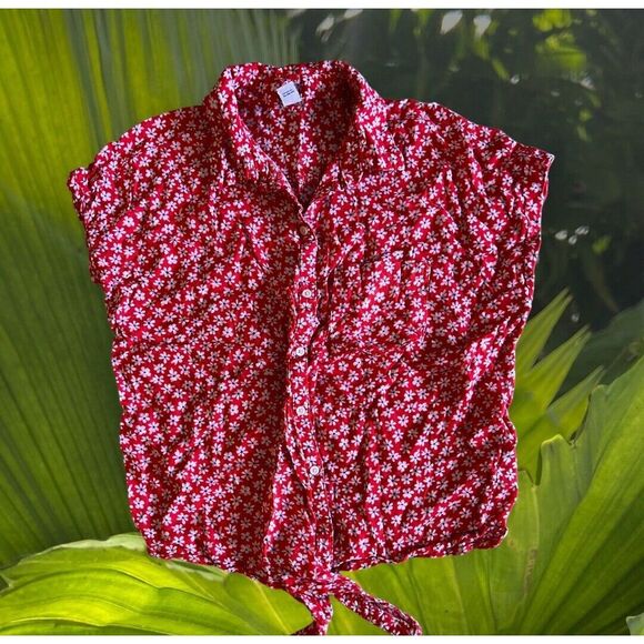 Old Navy Women's Linen Blend Top Red White Blue Front Tie  Short Sleeve Med EUC - Picture 1 of 13